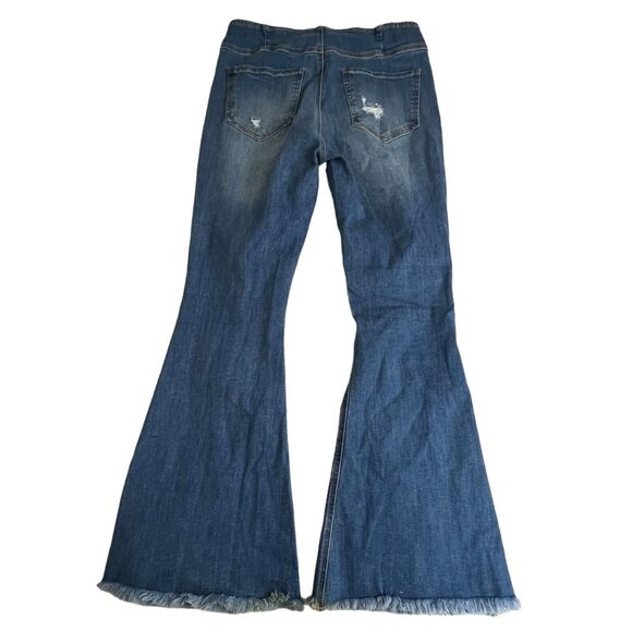 Risen Jeans Womens High Rise Distressed Frayed Hem Pull On Flare Jeans Large - Picture 3 of 10